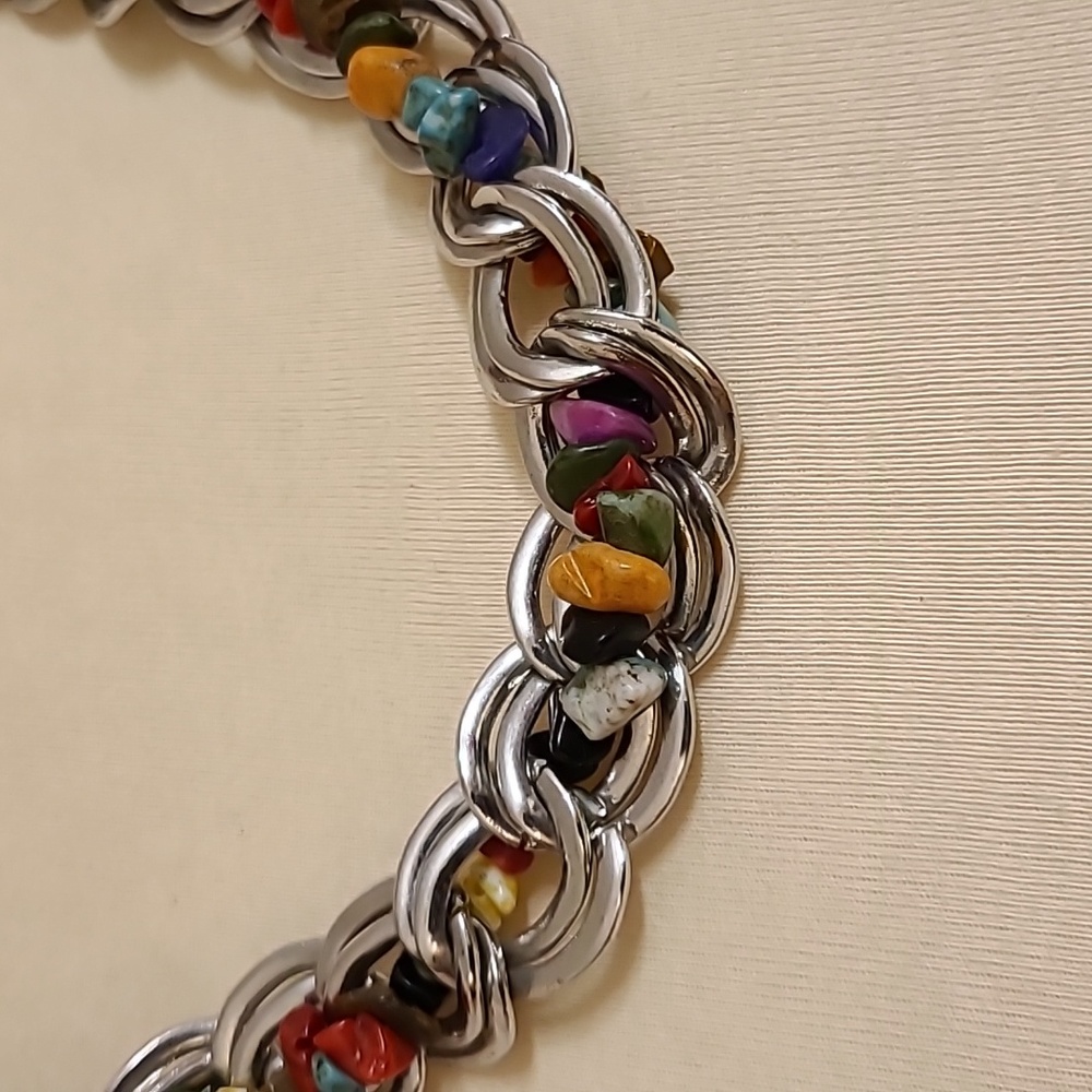 Multi-Colored Stone Weave Silver-Tone Double Link… - image 2